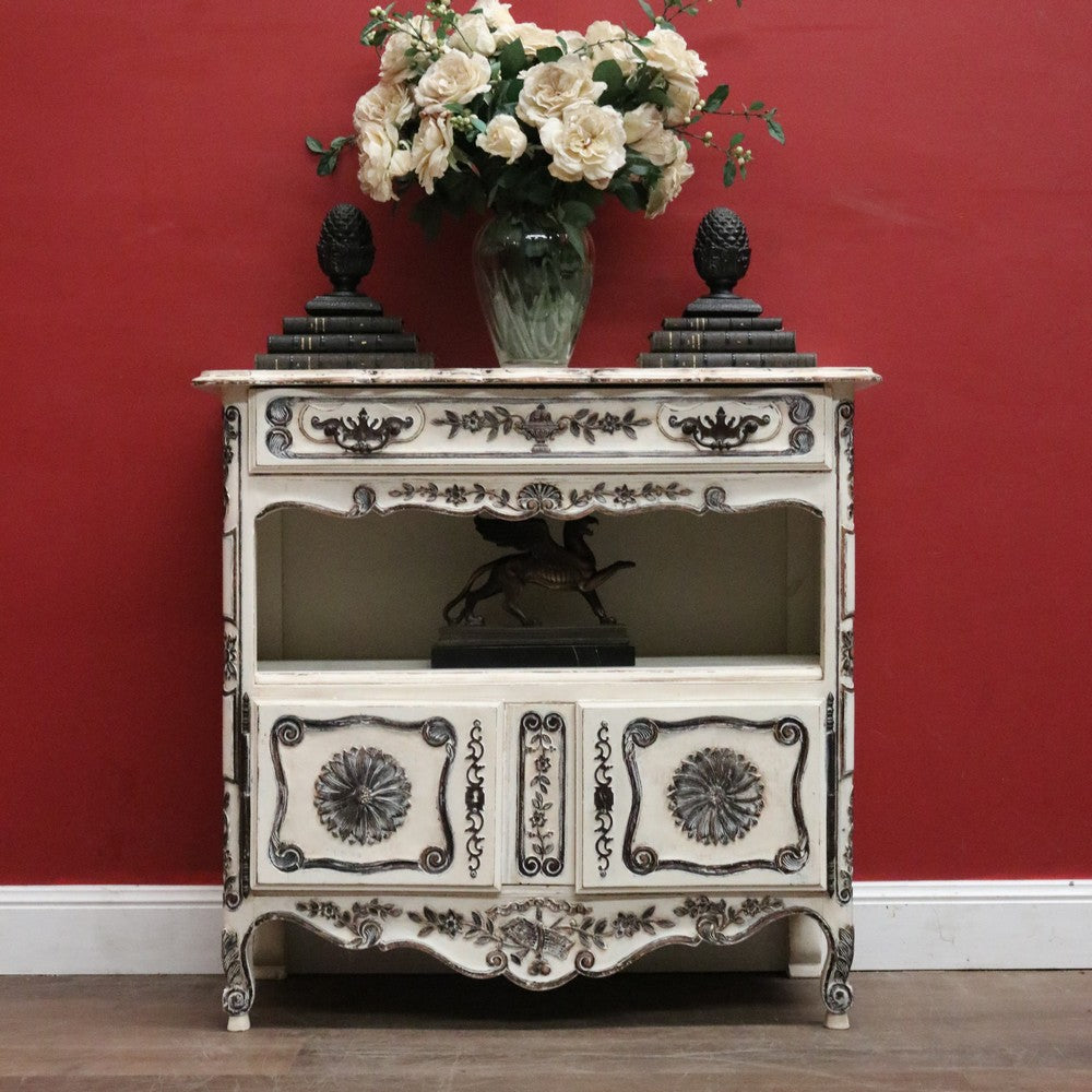 Antique French Shabby Chic Side Cabinet with Drawer & Open Display Space. B12490