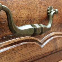 Load image into Gallery viewer, x SOLD Antique French Oak Carved front 3 Three Drawer Chest of Bedroom Drawers Brass handles B12819

