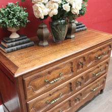 Load image into Gallery viewer, x SOLD Antique French Oak Carved front 3 Three Drawer Chest of Bedroom Drawers Brass handles B12819
