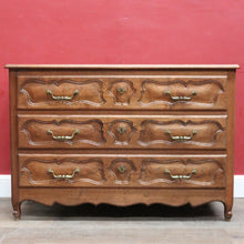 Load image into Gallery viewer, x SOLD Antique French Oak Carved front 3 Three Drawer Chest of Bedroom Drawers Brass handles B12819
