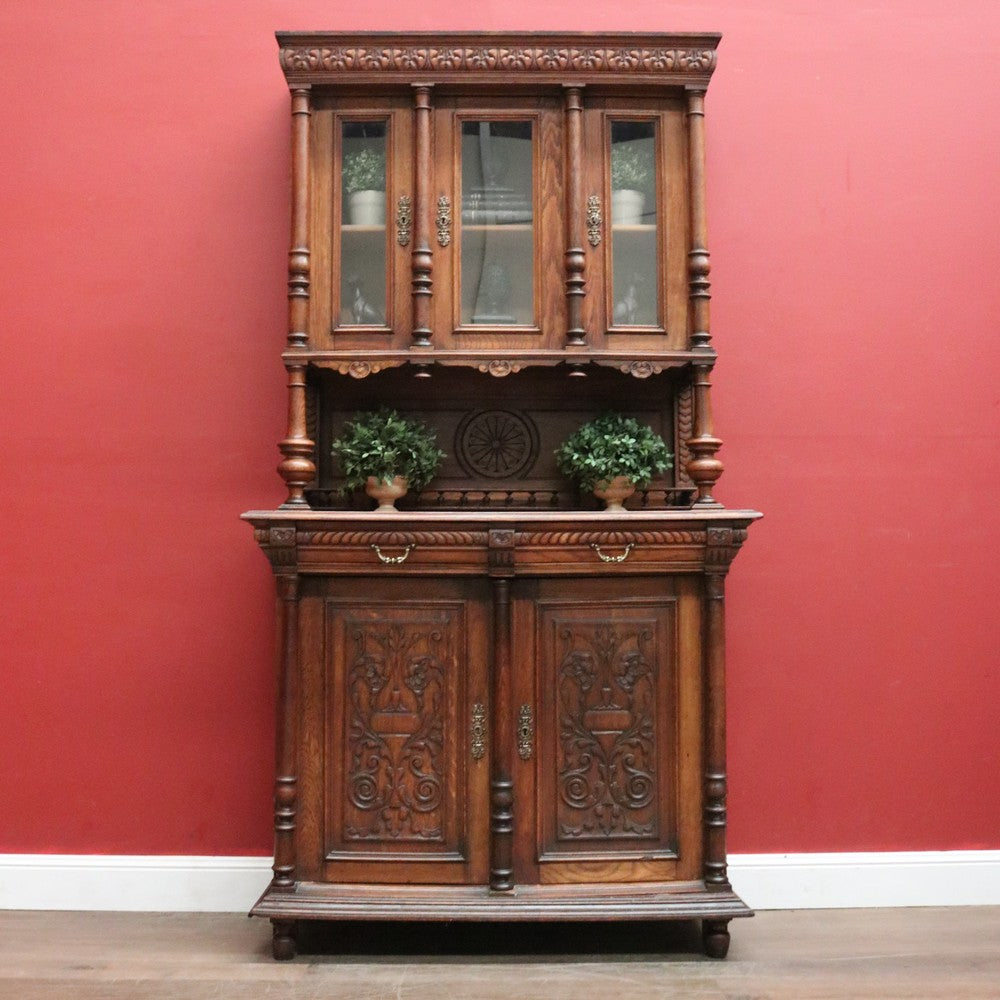 Antique French Oak Two-Height Kitchen Dresser with Glass Doors and Carved Base. B12487