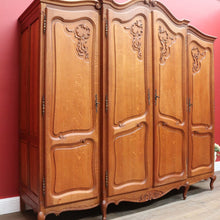 Load image into Gallery viewer, Antique French Oak 4 Door Breakfront Wardrobe Armoire with Hanging Rail and Shelves. B12804
