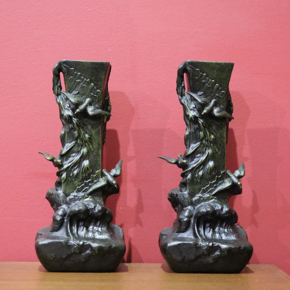Antique French Bronze Vases with Bird & Wave Motif – Original Matching Pair. B12494