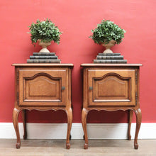 Load image into Gallery viewer, Pair of French Oak Bedside Cabinets with Brass Handles – Left &amp; Right Opening. B12322
