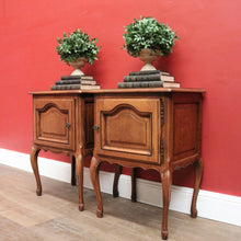 Load image into Gallery viewer, Pair of French Oak Bedside Cabinets with Brass Handles – Left &amp; Right Opening. B12322
