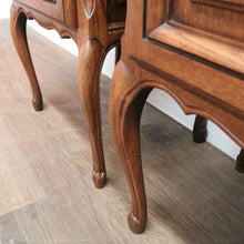 Load image into Gallery viewer, Pair of French Oak Bedside Cabinets with Brass Handles – Left &amp; Right Opening. B12322
