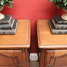 Load image into Gallery viewer, Pair of French Oak Bedside Cabinets with Brass Handles – Left &amp; Right Opening. B12322

