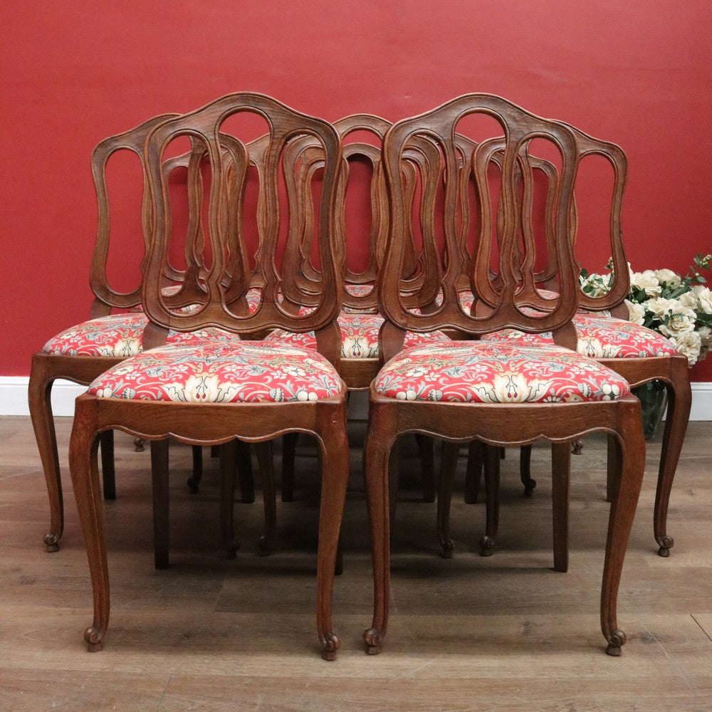 Set of 10 Antique French Oak Dining Chairs with William Morris 'Strawberry Thief' Fabric. B12497