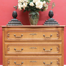 Load image into Gallery viewer, Vintage French Oak Chest of Drawers Three Drawer with Carved Detail. 12732
