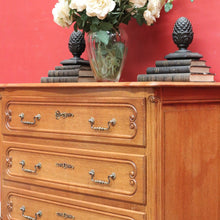 Load image into Gallery viewer, Vintage French Oak Chest of Drawers Three Drawer with Carved Detail. 12732
