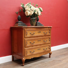 Load image into Gallery viewer, Vintage French Oak Chest of Drawers Three Drawer with Carved Detail. 12732
