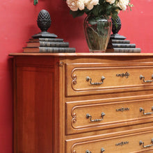 Load image into Gallery viewer, Vintage French Oak Chest of Drawers Three Drawer with Carved Detail. 12732

