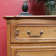 Load image into Gallery viewer, Vintage French Oak Chest of Drawers Three Drawer with Carved Detail. 12732
