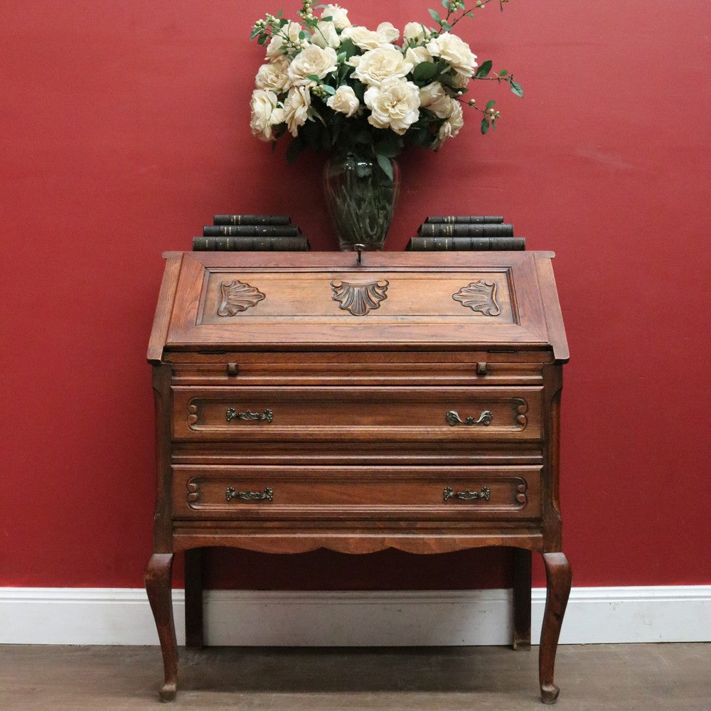 Antique French Oak Writing Bureau with Fitted Interior & Scroll Feet. 2 Drawers. B12308