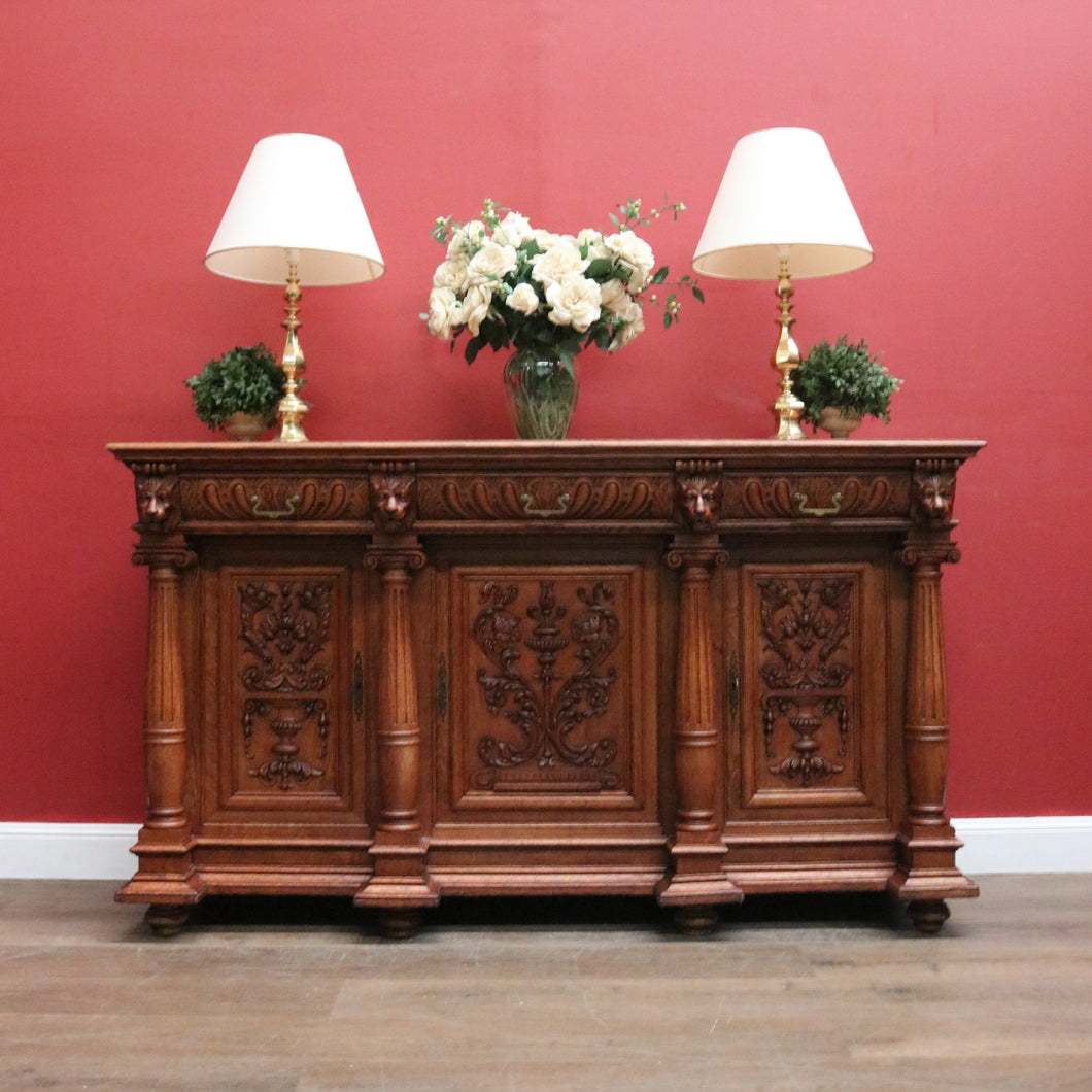 x SOLD Grand Antique French Carved Sideboard – Lion Heads, Cutlery Drawers, 3 Keys. B12283