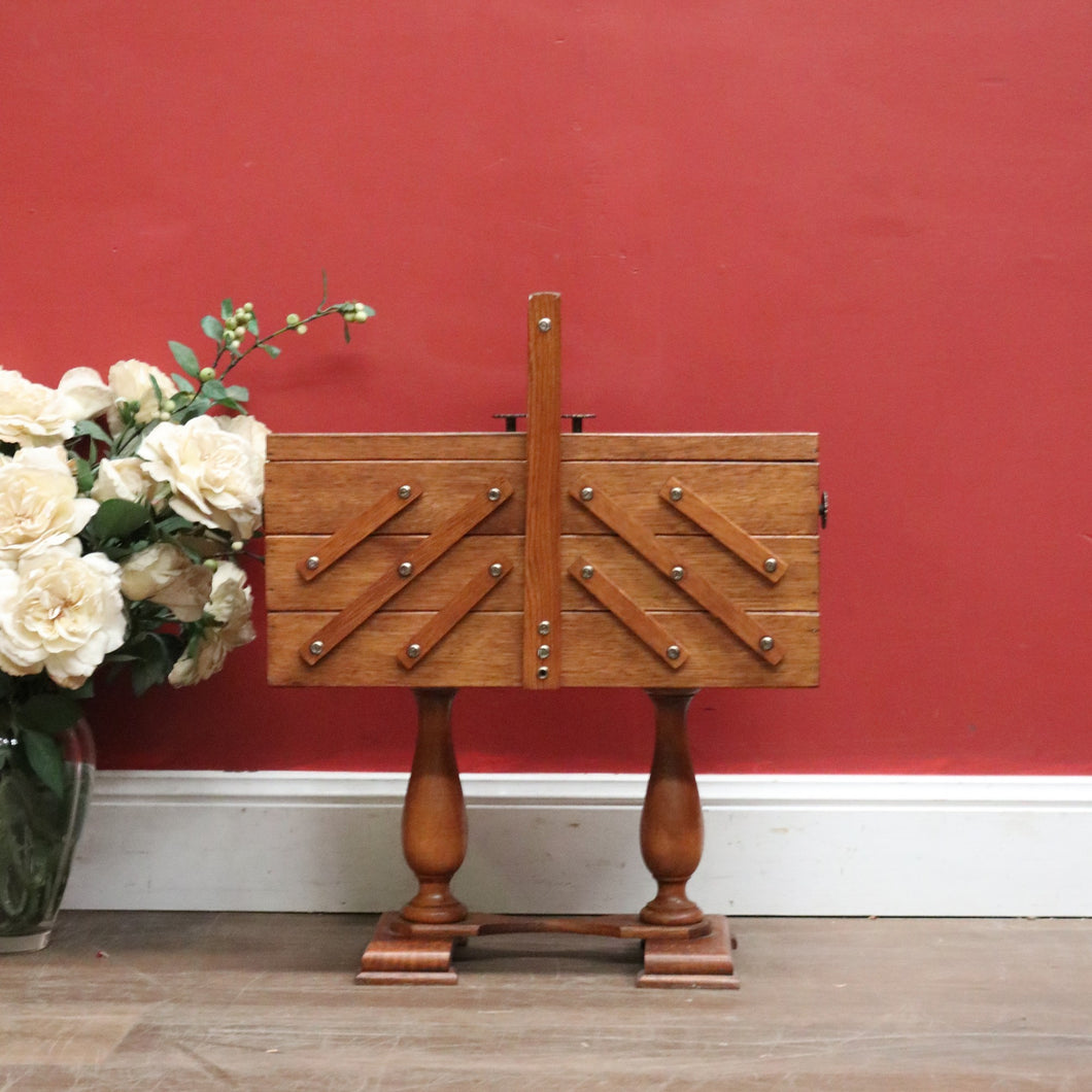 Vintage French Oak Sewing Box – Scissor-Action 3-Tier, 6-Drawer Design with Twin Pedestal Base & Stretcher. B12294