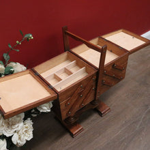 Load image into Gallery viewer, Vintage French Oak Sewing Box – Scissor-Action 3-Tier, 6-Drawer Design with Twin Pedestal Base &amp; Stretcher. B12294
