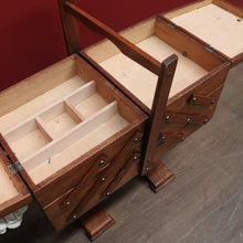 Load image into Gallery viewer, Vintage French Oak Sewing Box – Scissor-Action 3-Tier, 6-Drawer Design with Twin Pedestal Base &amp; Stretcher. B12294
