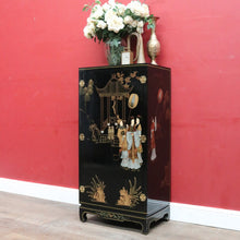 Load image into Gallery viewer, x SOLD Oriental Inspired Black Lacquer Chinoiserie Cabinet with Hand Painted Scenes. B12751
