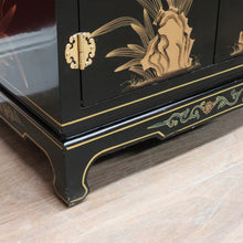 Load image into Gallery viewer, x SOLD Oriental Inspired Black Lacquer Chinoiserie Cabinet with Hand Painted Scenes. B12751
