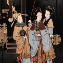 Load image into Gallery viewer, x SOLD Oriental Inspired Black Lacquer Chinoiserie Cabinet with Hand Painted Scenes. B12751

