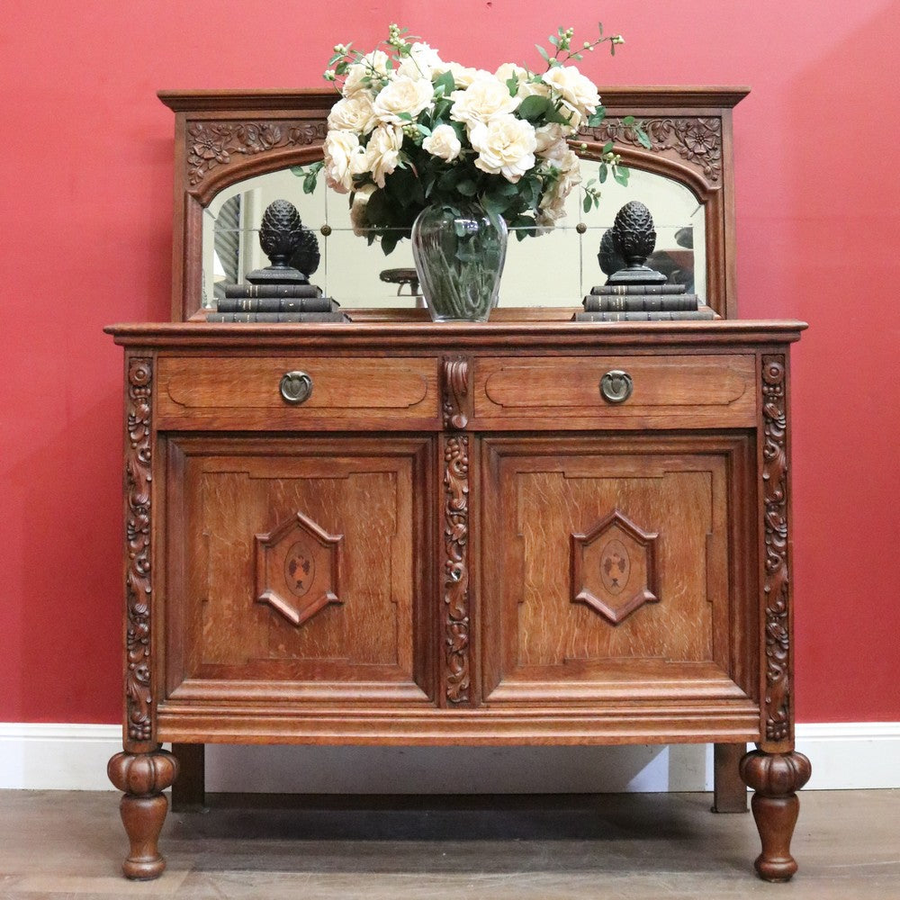 Antique French Oak Sideboard – Marquetry Inlay, Carved Floral Front, Brass Pulls. B12299