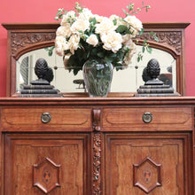Load image into Gallery viewer, Antique French Oak Sideboard – Marquetry Inlay, Carved Floral Front, Brass Pulls. B12299
