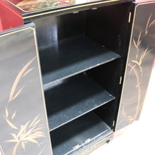 Load image into Gallery viewer, x SOLD Oriental Inspired Black Lacquer Chinoiserie Cabinet with Hand Painted Scenes. B12751
