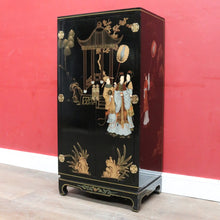 Load image into Gallery viewer, x SOLD Oriental Inspired Black Lacquer Chinoiserie Cabinet with Hand Painted Scenes. B12751
