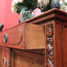 Load image into Gallery viewer, Antique French Oak Sideboard – Marquetry Inlay, Carved Floral Front, Brass Pulls. B12299
