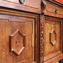 Load image into Gallery viewer, Antique French Oak Sideboard – Marquetry Inlay, Carved Floral Front, Brass Pulls. B12299
