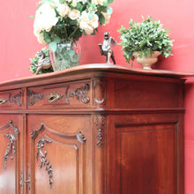 Load image into Gallery viewer, Antique French Walnut Sideboard with Cast Brass Handles and Carved Detail. B12731
