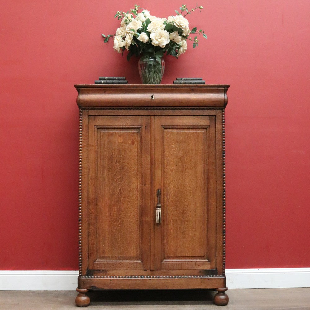 Antique French Oak Cabinet – Drawer, Shelves, Keys, Panel Doors & Bun Feet. B12255