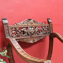 Load image into Gallery viewer, x SOLD Antique French Curule Savonarola Monk Chair with Carved Lion Masks. B12925
