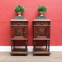 Load image into Gallery viewer, x SOLD Antique French Walnut Marble Top Bedside Cabinets True Pair. B12929
