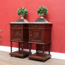 Load image into Gallery viewer, x SOLD Antique French Walnut Marble Top Bedside Cabinets True Pair. B12929
