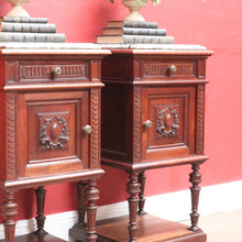 Load image into Gallery viewer, x SOLD Antique French Walnut Marble Top Bedside Cabinets True Pair. B12929
