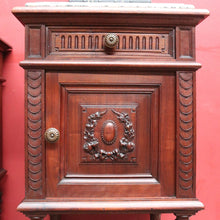 Load image into Gallery viewer, x SOLD Antique French Walnut Marble Top Bedside Cabinets True Pair. B12929
