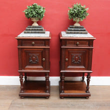 Load image into Gallery viewer, x SOLD Antique French Walnut Marble Top Bedside Cabinets True Pair. B12929
