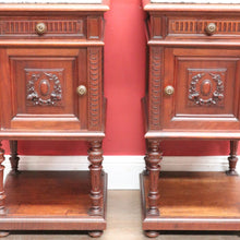 Load image into Gallery viewer, x SOLD Antique French Walnut Marble Top Bedside Cabinets True Pair. B12929
