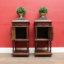 Load image into Gallery viewer, x SOLD Antique French Walnut Marble Top Bedside Cabinets True Pair. B12929
