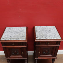 Load image into Gallery viewer, x SOLD Antique French Walnut Marble Top Bedside Cabinets True Pair. B12929
