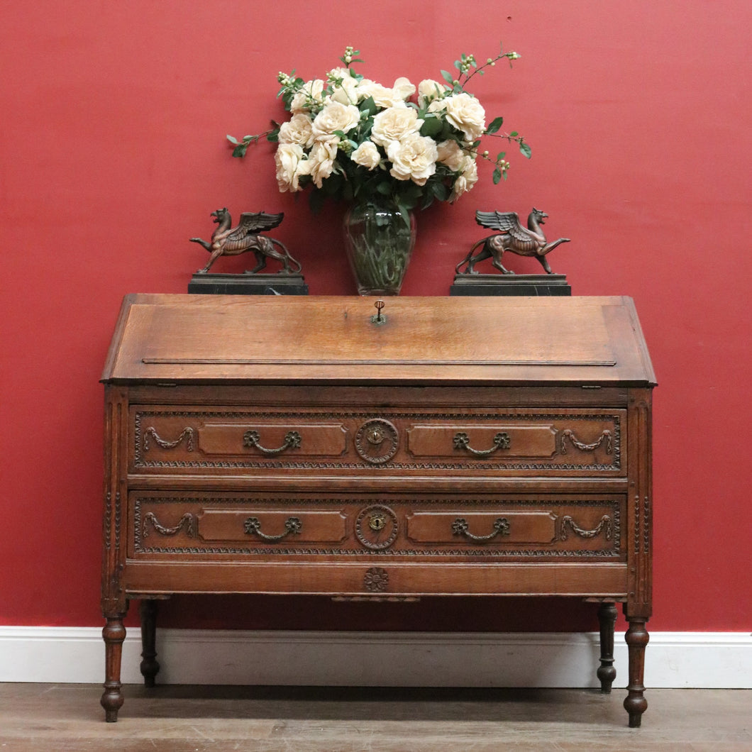 Antique French Oak Drop-Front Writing Bureau with Drawers and Cupboard. B12250