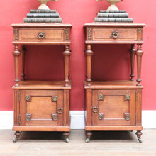 Load image into Gallery viewer, x SOLD Pair antique French oak bedside cabinets with marble tops and gilt mounts. B12941
