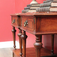 Load image into Gallery viewer, x SOLD Pair antique French oak bedside cabinets with marble tops and gilt mounts. B12941
