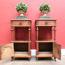 Load image into Gallery viewer, x SOLD Pair antique French oak bedside cabinets with marble tops and gilt mounts. B12941
