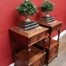 Load image into Gallery viewer, x SOLD Pair antique French oak bedside cabinets with marble tops and gilt mounts. B12941
