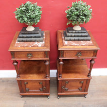 Load image into Gallery viewer, x SOLD Pair antique French oak bedside cabinets with marble tops and gilt mounts. B12941
