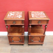 Load image into Gallery viewer, x SOLD Pair antique French oak bedside cabinets with marble tops and gilt mounts. B12941
