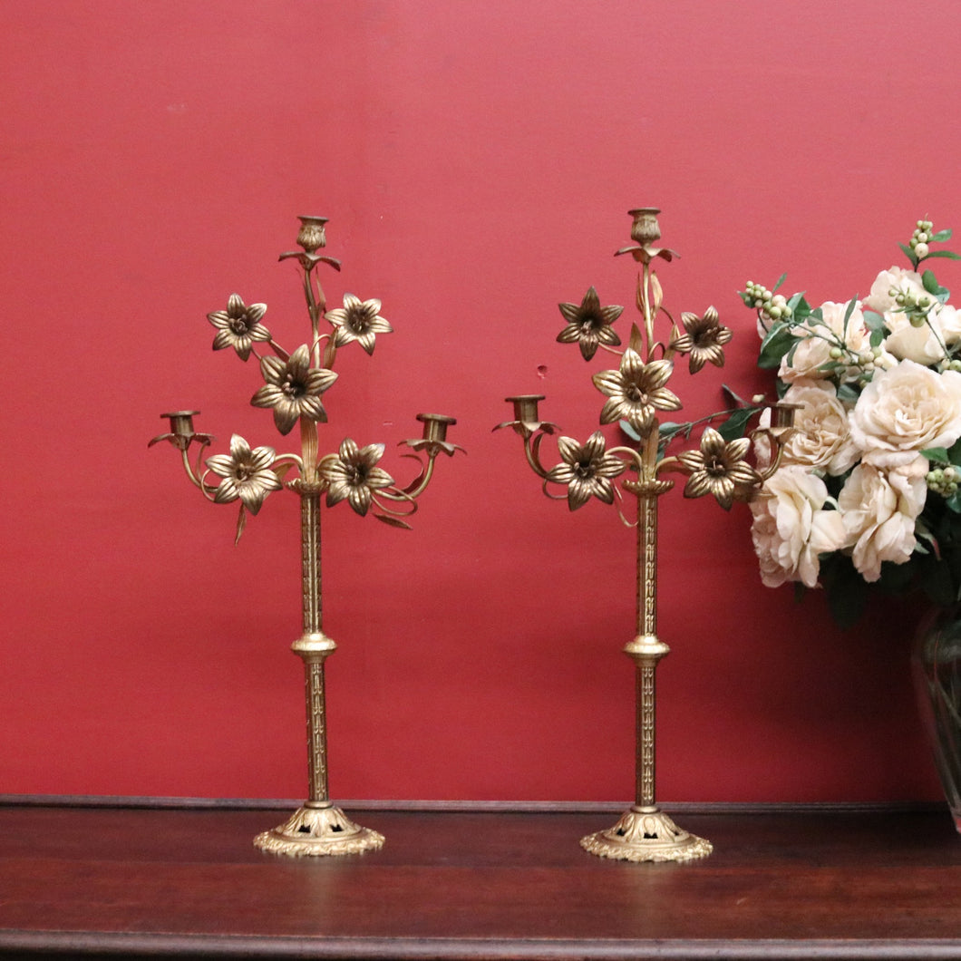 Antique French Brass Candlestick Holders with Lily Motif and Fretwork Base. B12309